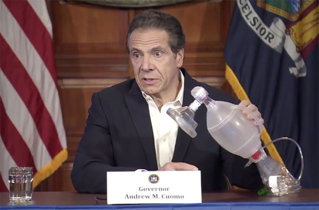 Governor Cuomo holds a valve bag that would need to be manually operated during his March 28, 2020 presser